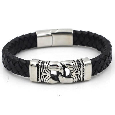 Tribal Knot Black Leather & Steel Bracelet