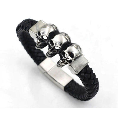 Triple Skull Steel and Leather Bracelet - KJB360105