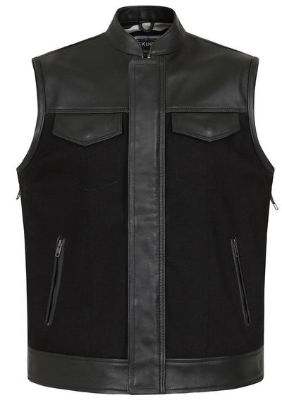 Vargas Black Denim & Leather Expandable Biker Vest by Skintan Leather