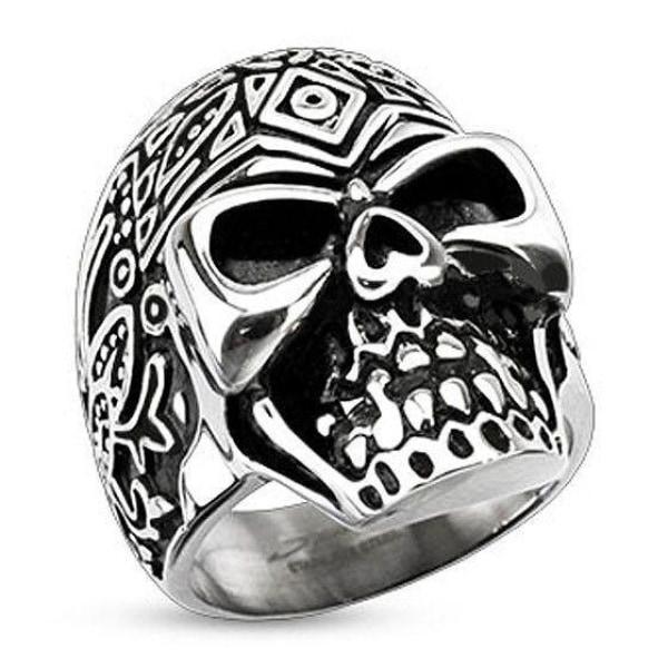 Wide Stainless Steel Ring With Day of the Dead Sugar Skull Design - HR-H4349