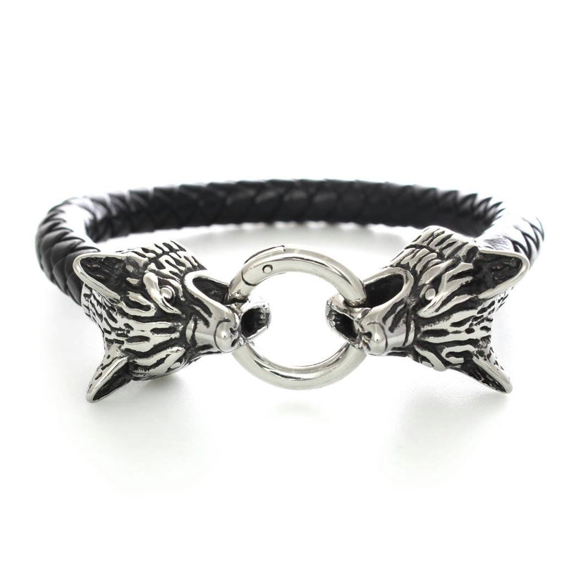 Wolf Heads Black Leather And Stainless Steel Bracelet
